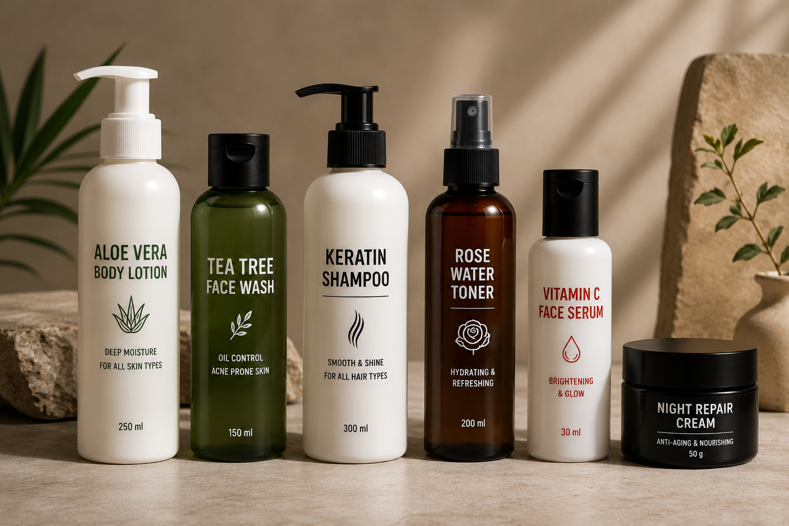 Blank cosmetic bottles prepared for premium custom printing