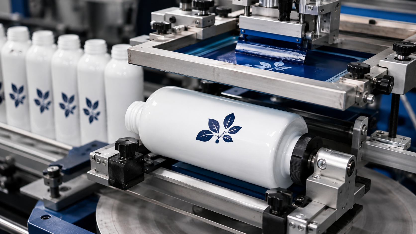 Screen printing process on bottles and packaging samples
